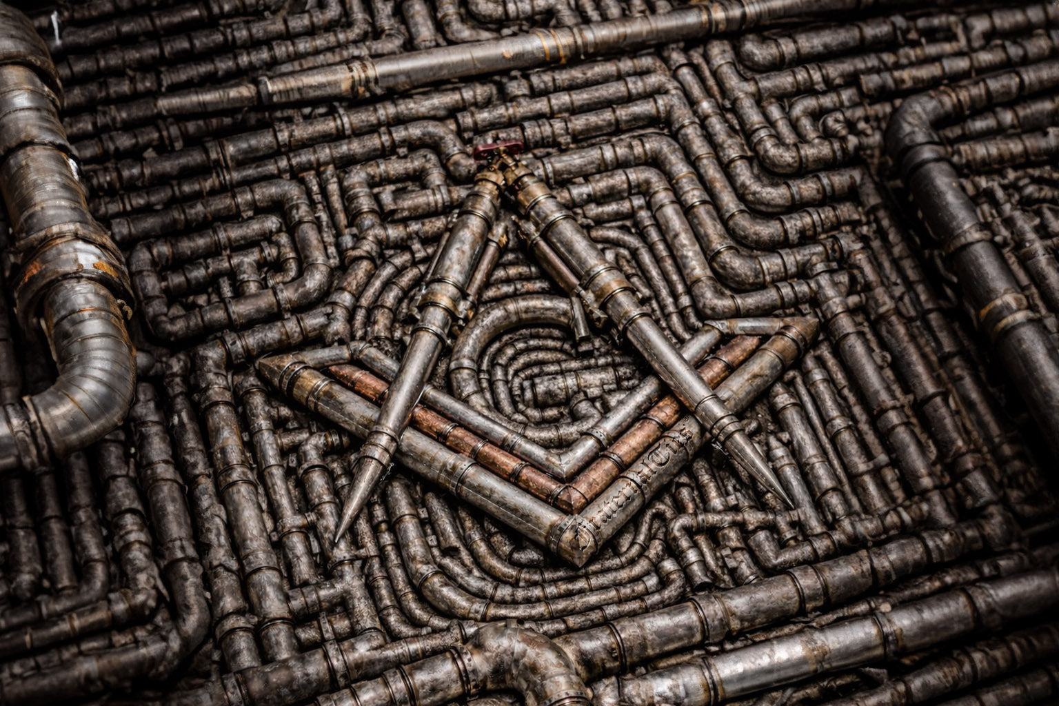 Industrial metal pipes arranged to form a square and compasses symbol, representing plumbing and craftsmanship.