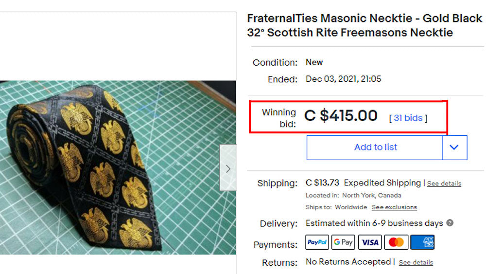 We auctioned some of our earliest Masonic Ties