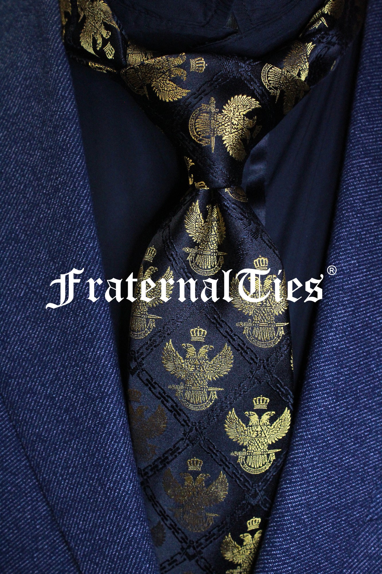 33° Wings Up Scottish Rite Silk Necktie, Gold on Black