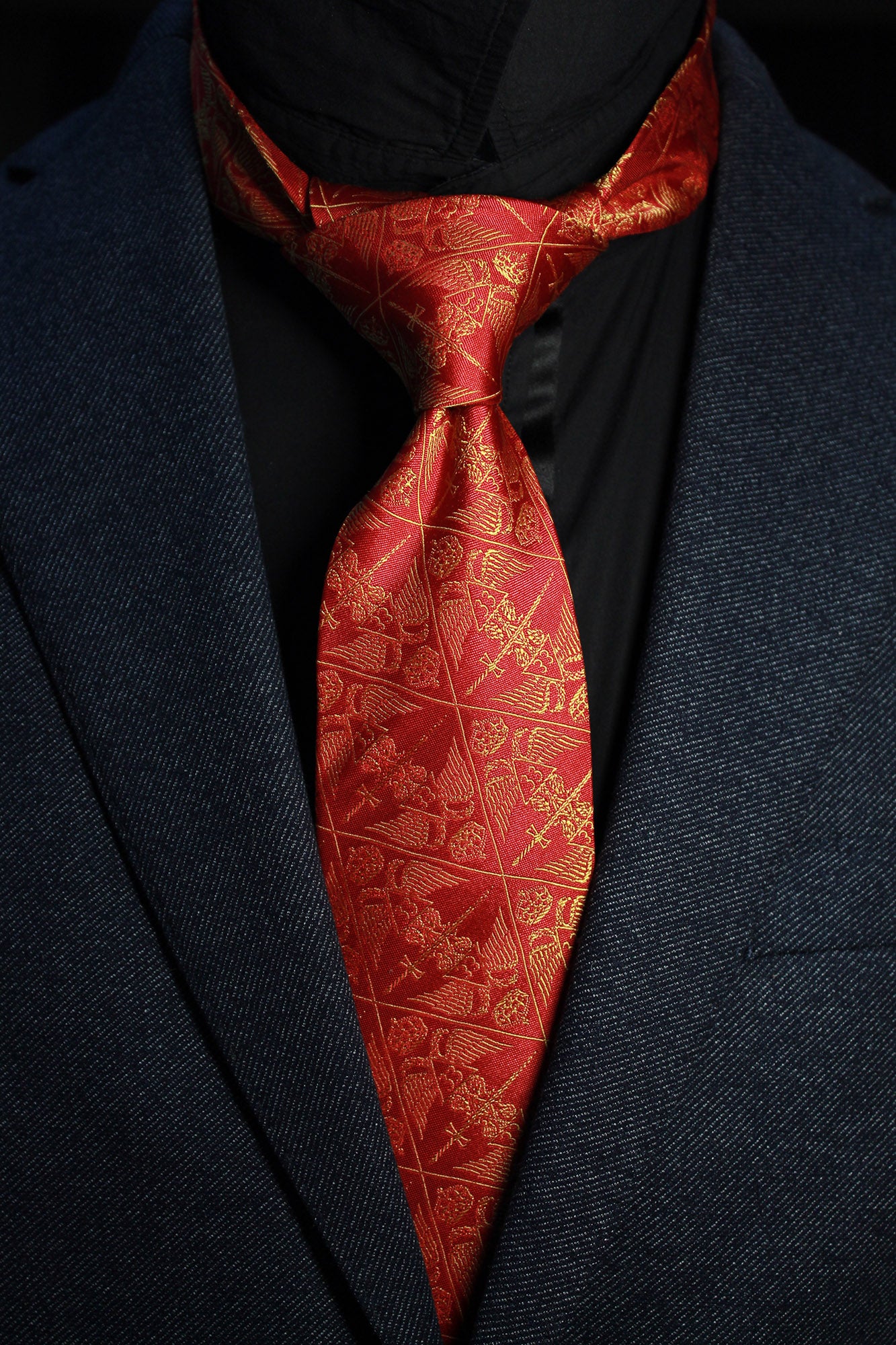 Silk Necktie | 33 Degree Scottish Rite - Seven Fold, Gold on Red