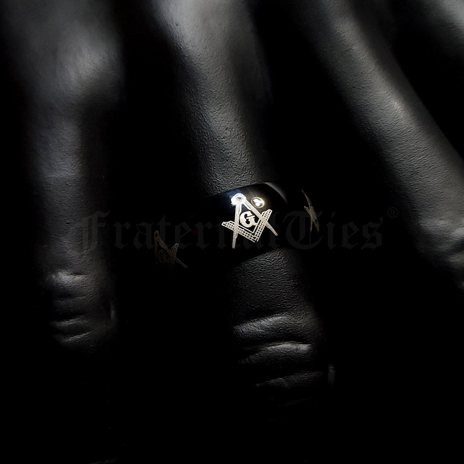 Square and Compasses Black Band Ring - Black Anodized Stainless Steel