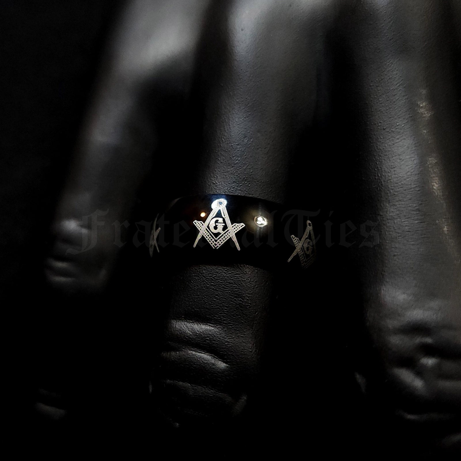 Square and Compasses Black Band Ring - Black Anodized Stainless Steel